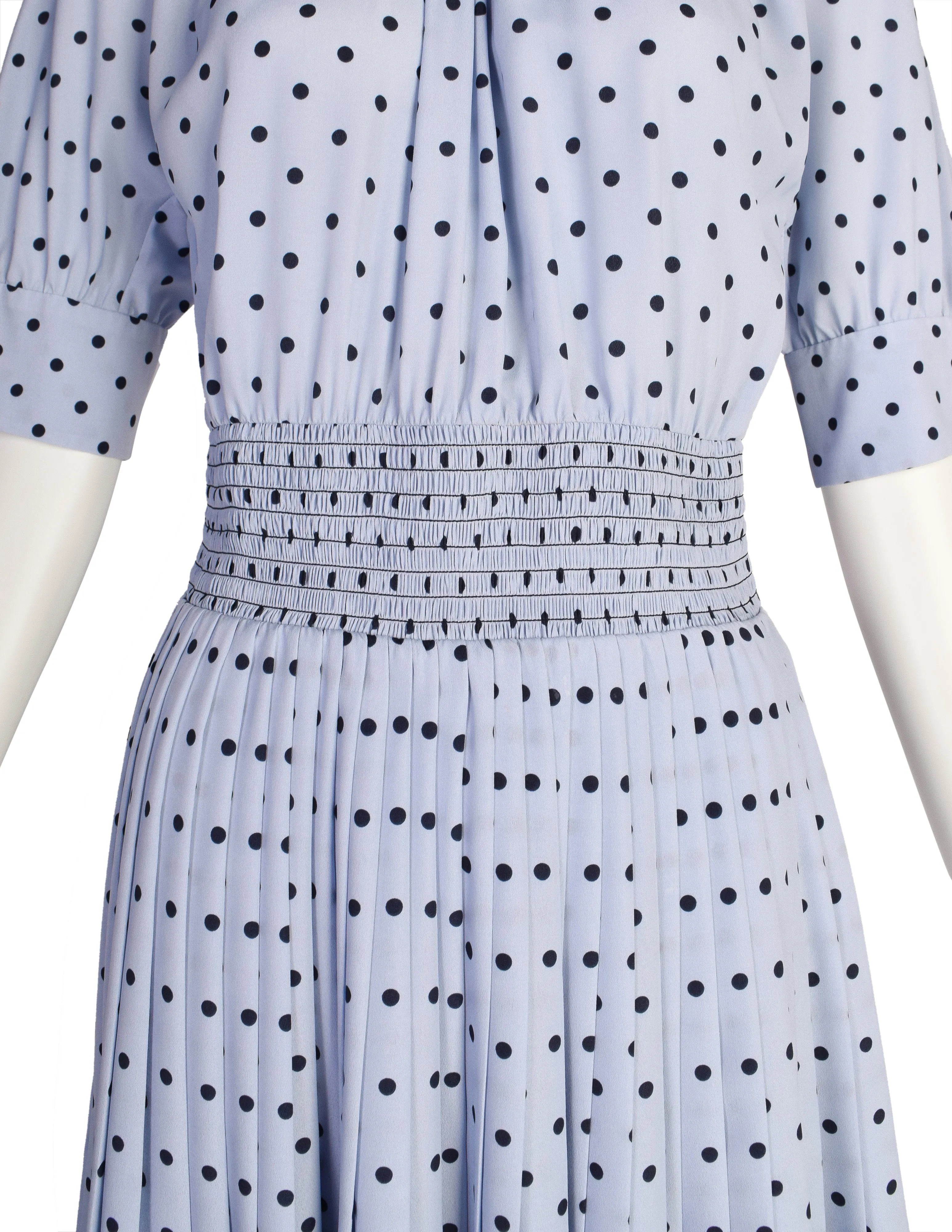 Prada Periwinkle Navy Polka Dot Smocked Waist Pleated Skirt Lavaliere Dress