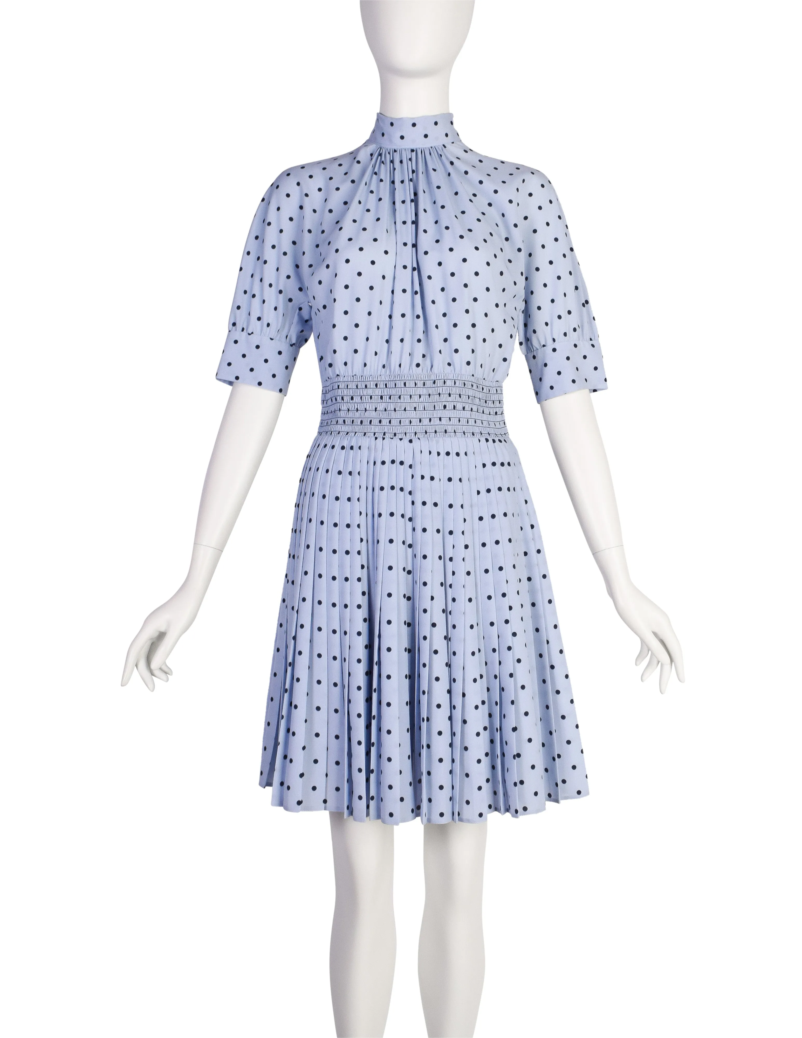 Prada Periwinkle Navy Polka Dot Smocked Waist Pleated Skirt Lavaliere Dress