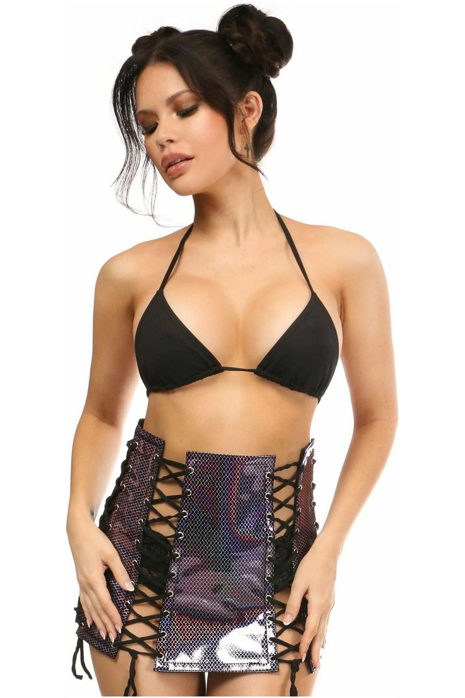 Rainbow Fishnet Pattern PVC Lace-Up Skirt