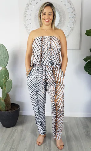 Rayon Jumpsuit Long Bandeau Feathers Black