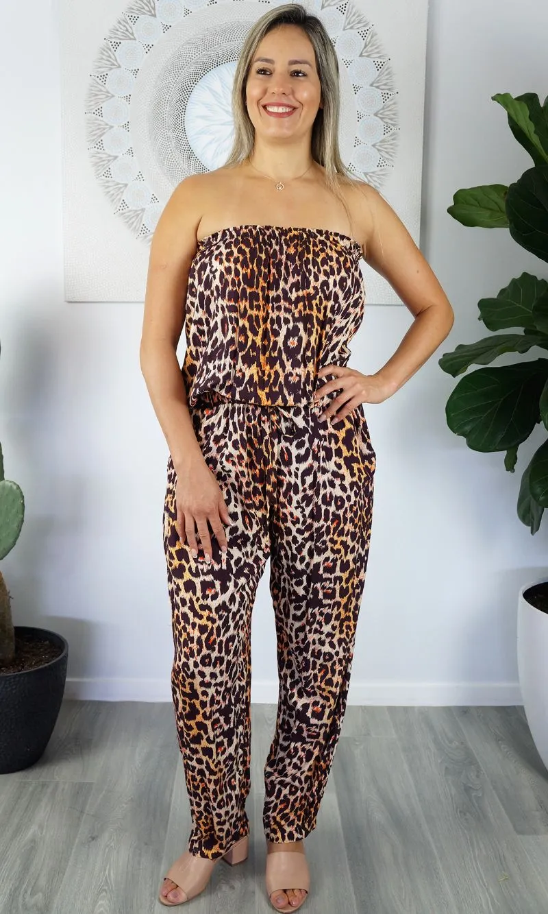 Rayon Jumpsuit Long Bandeau Leopard, More Colours