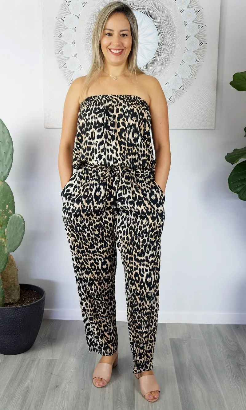 Rayon Jumpsuit Long Bandeau Leopard, More Colours