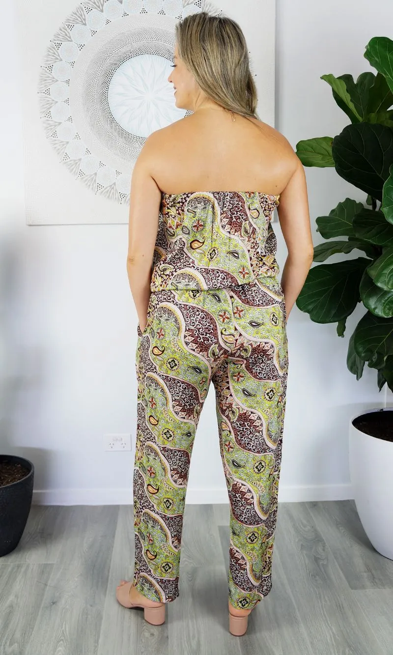 Rayon Jumpsuit Long Bandeau Paisley Lime