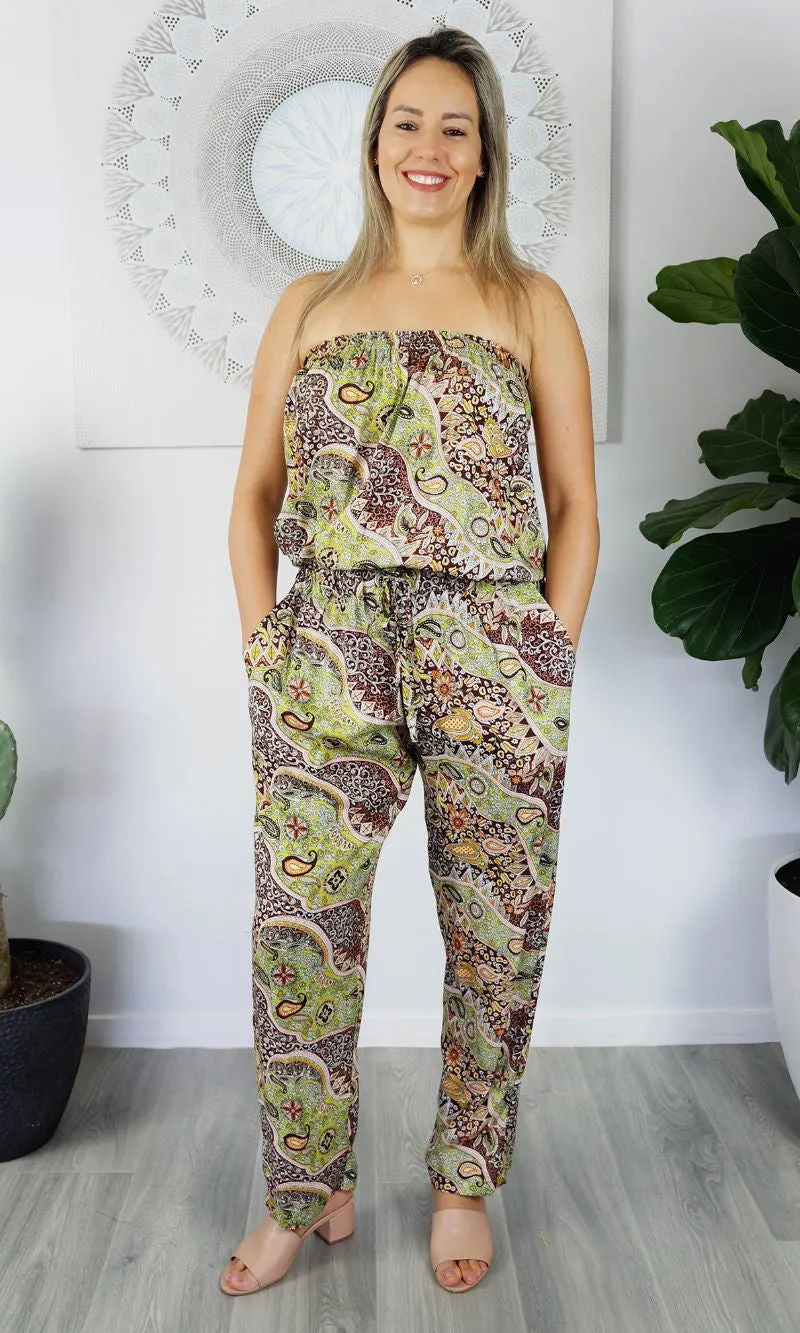 Rayon Jumpsuit Long Bandeau Paisley Lime