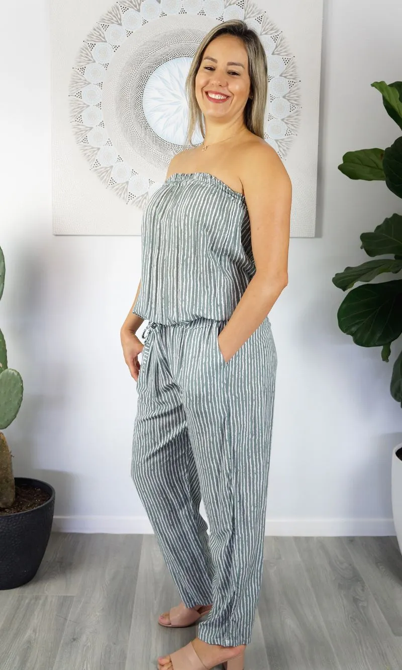 Rayon Jumpsuit Long Bandeau Stripes Grey