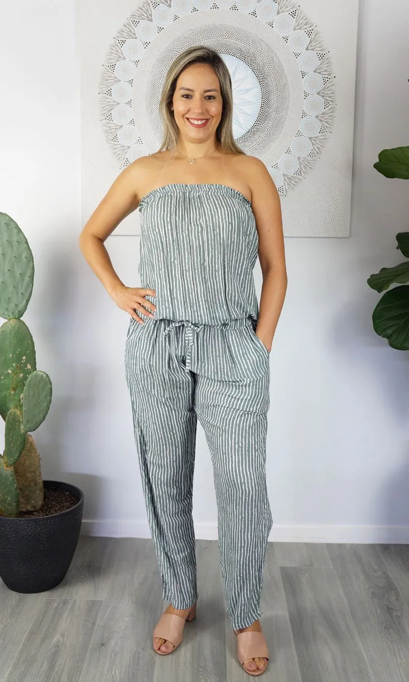 Rayon Jumpsuit Long Bandeau Stripes Grey