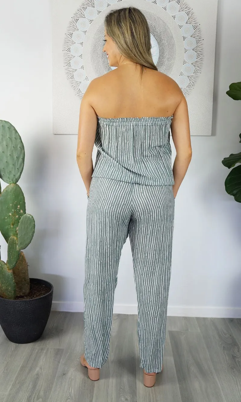 Rayon Jumpsuit Long Bandeau Stripes Grey