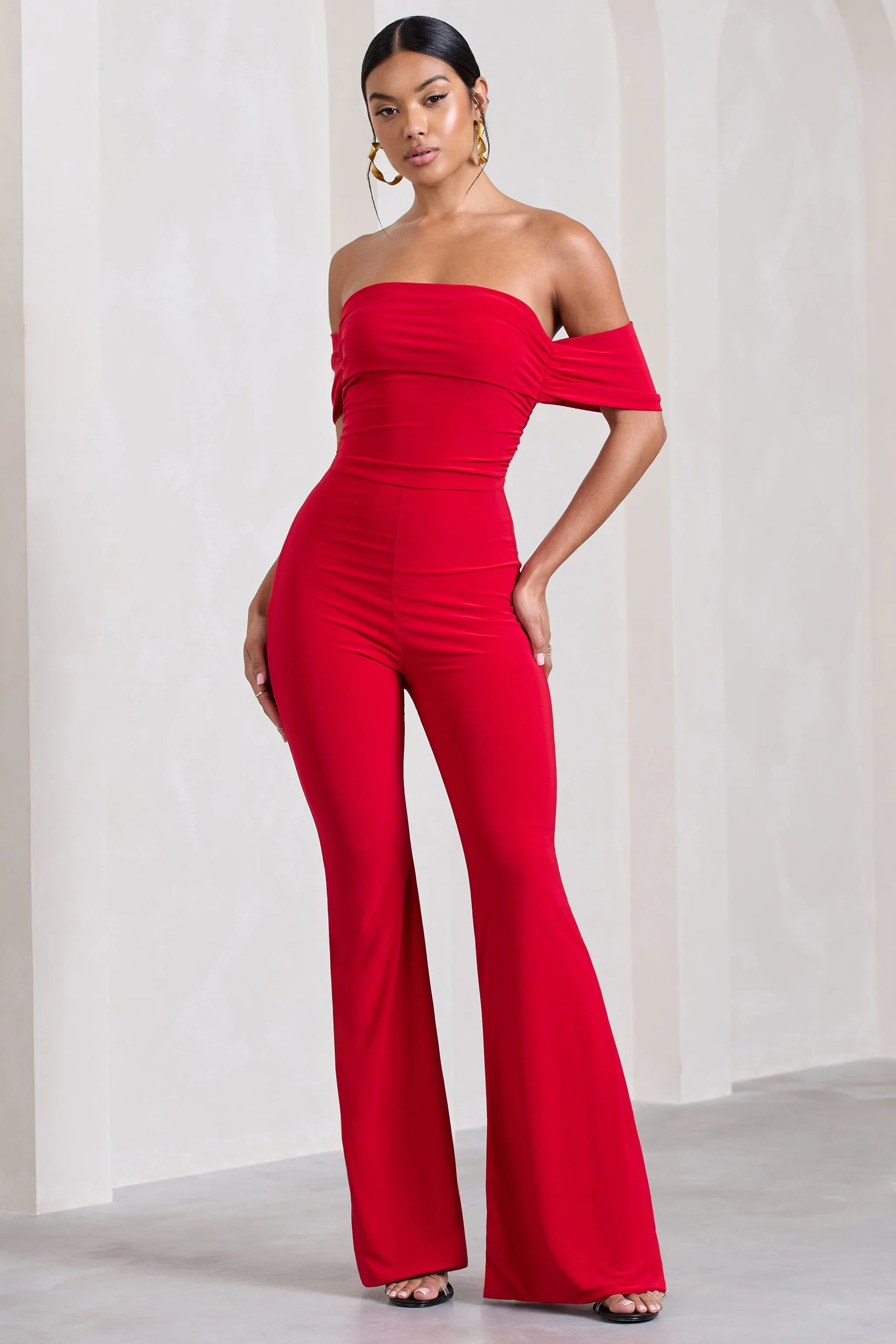 Red Carpet | Red Bardot Ruched Draped Jumpsuit