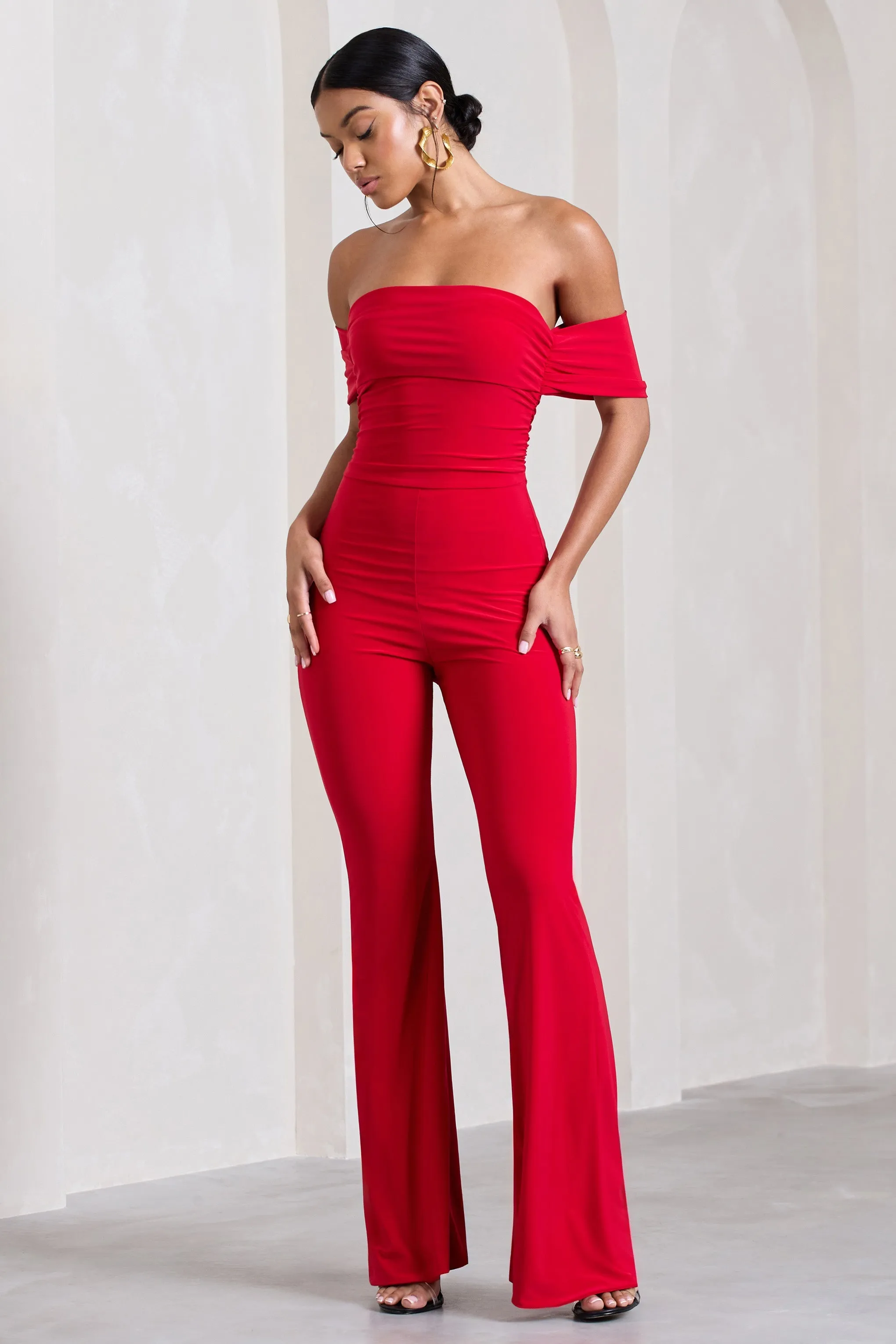 Red Carpet | Red Bardot Ruched Draped Jumpsuit