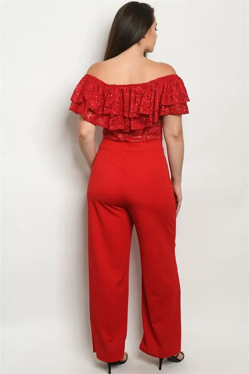 Red Cold Shoulder Lace Bodice Plus Size Jumpsuit