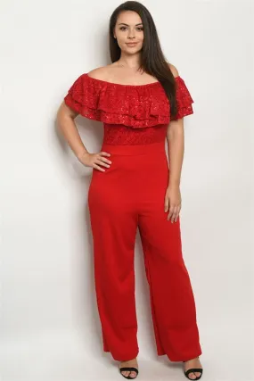 Red Cold Shoulder Lace Bodice Plus Size Jumpsuit