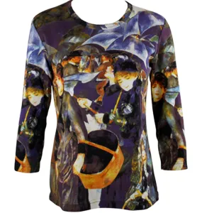 Renoir Umbrellas, 3/4 Sleeve, Scoop Neck, Hand Silk Screened Artistic Top