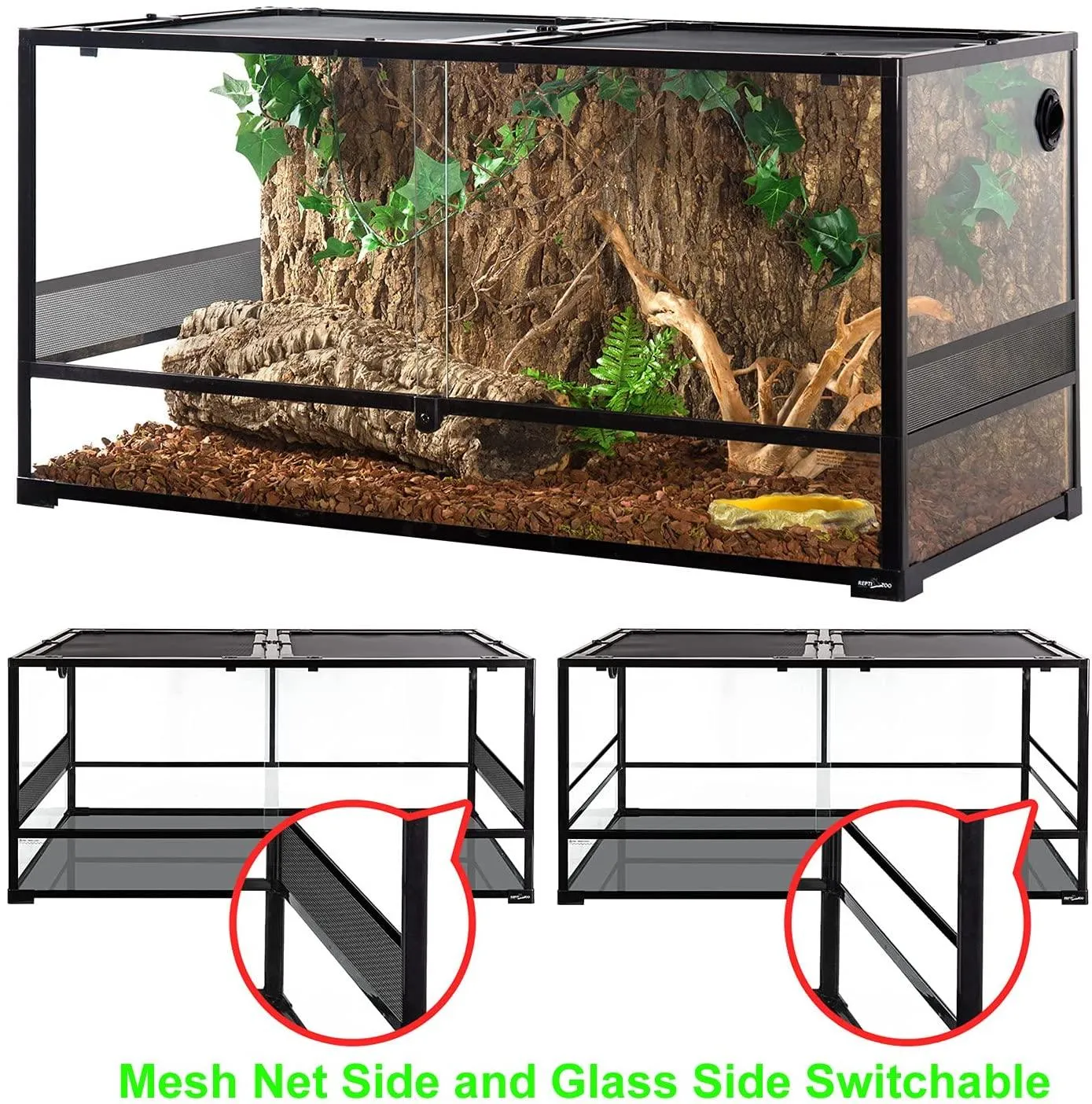 REPTIZOO 120 Gallon 48" x 24" x 24" Large Glass Reptile Terrarium, Tall & Wide Reptile Habitat Tank (Side Net Panel & Glass ) RK0239