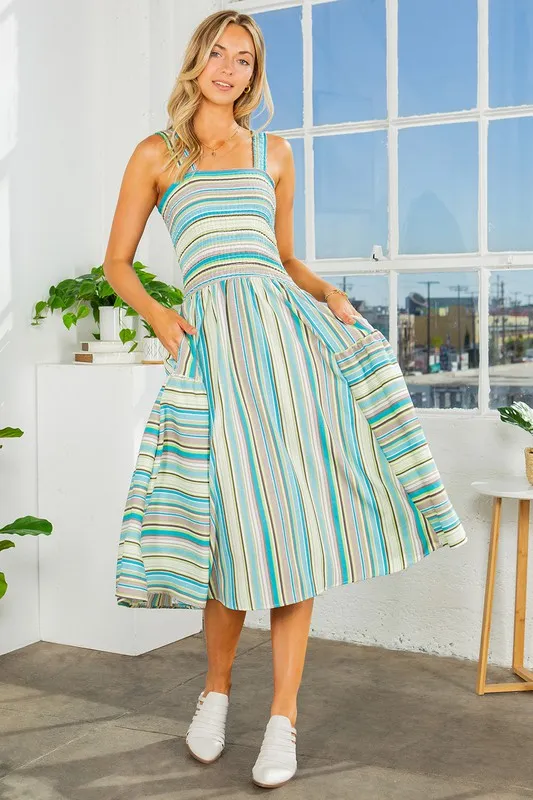 Smocked Stripe Dress with Pocket-New Color Added