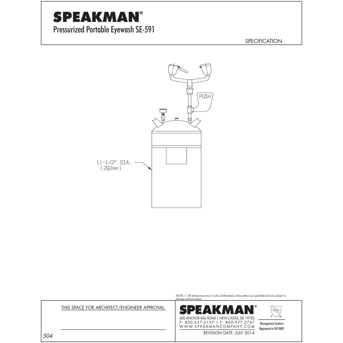 Speakman SE-591 Pressurized Portable Eyewash