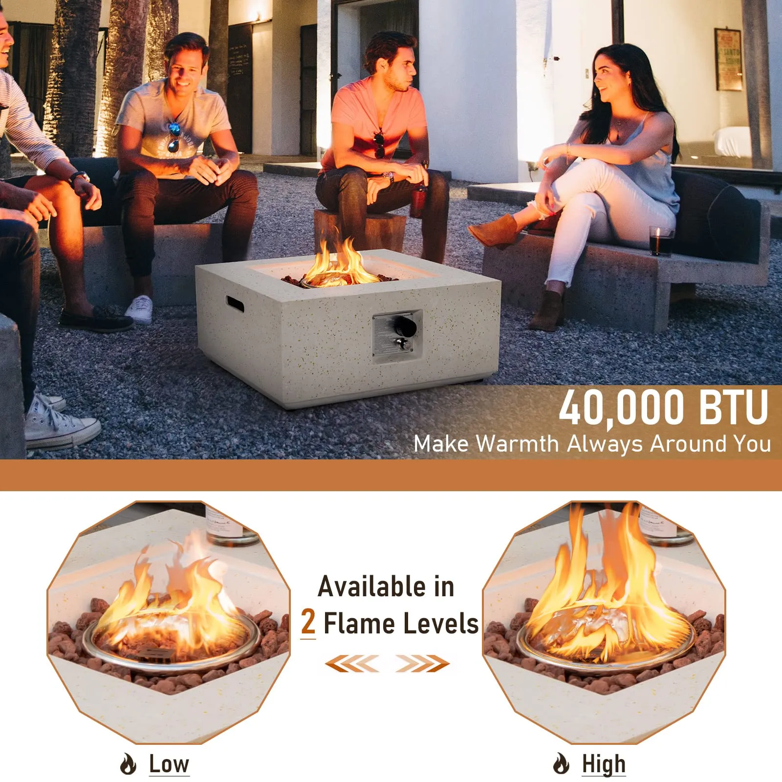 Tangkula 28 Inches Propane Fire Pit Table, Patiojoy 40,000 BTU Square Fire Table with Lava Rocks