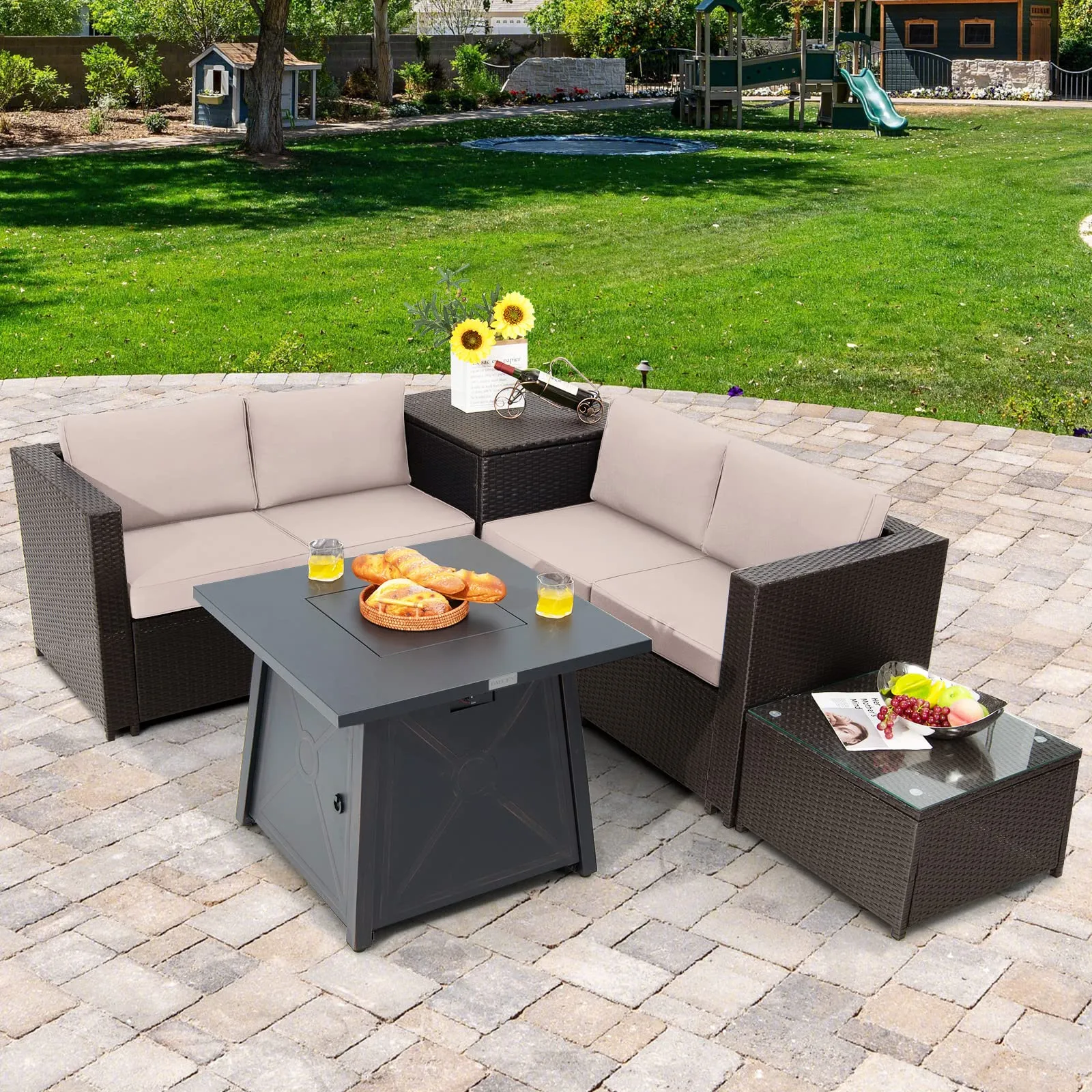 Tangkula 5 Piece Patio Furniture Set with 50,000 BTU Propane Fire Pit Table, Outdoor Wicker Conversation Set