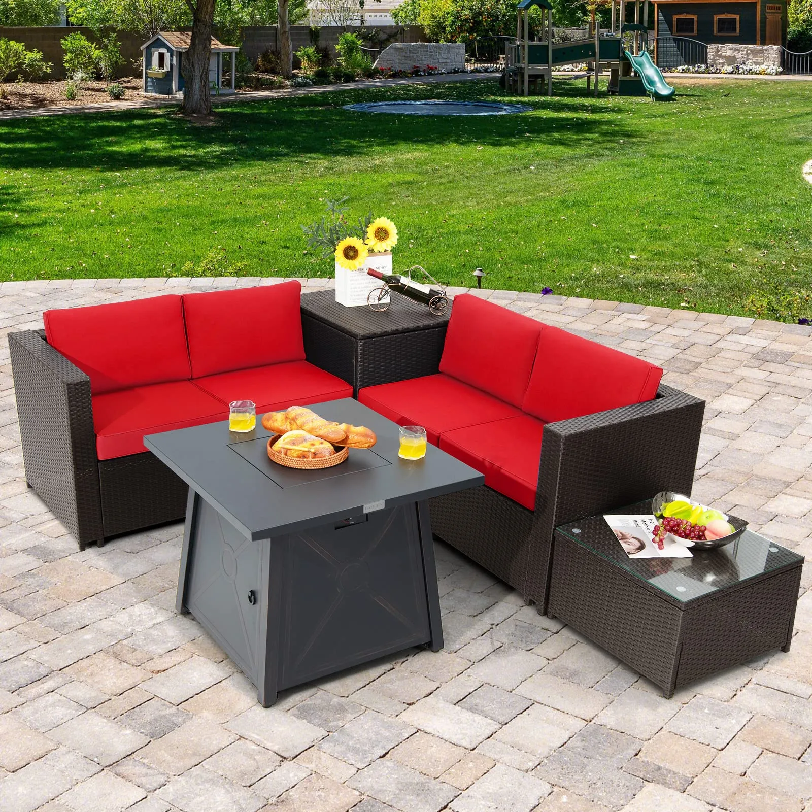 Tangkula 5 Piece Patio Furniture Set with 50,000 BTU Propane Fire Pit Table, Outdoor Wicker Conversation Set