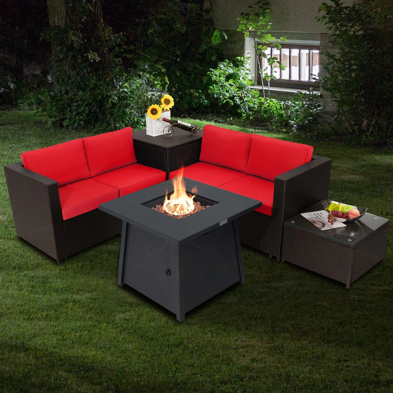 Tangkula 5 Piece Patio Furniture Set with 50,000 BTU Propane Fire Pit Table, Outdoor Wicker Conversation Set