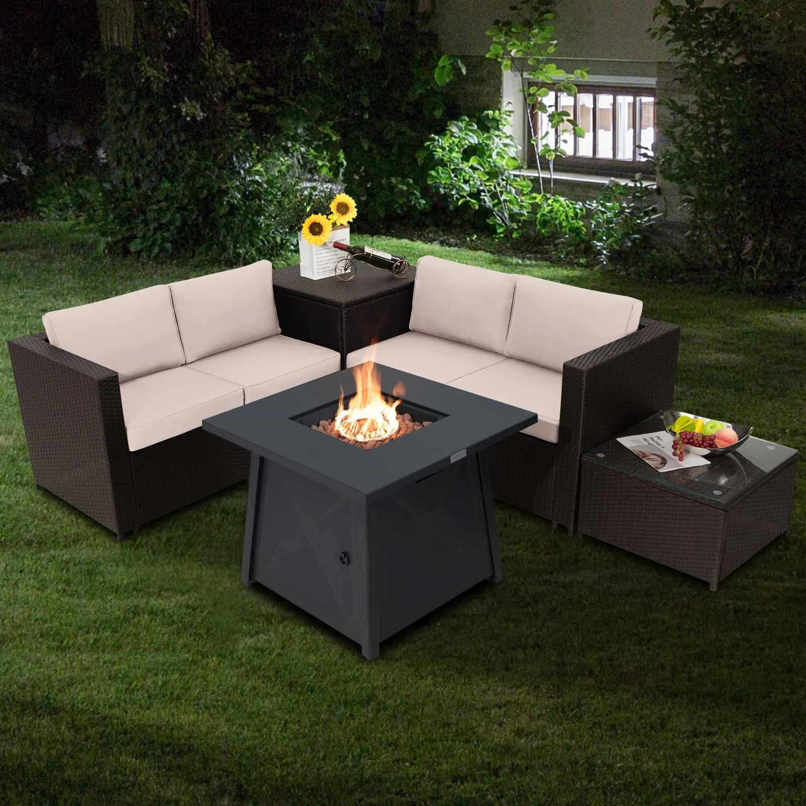 Tangkula 5 Piece Patio Furniture Set with 50,000 BTU Propane Fire Pit Table, Outdoor Wicker Conversation Set