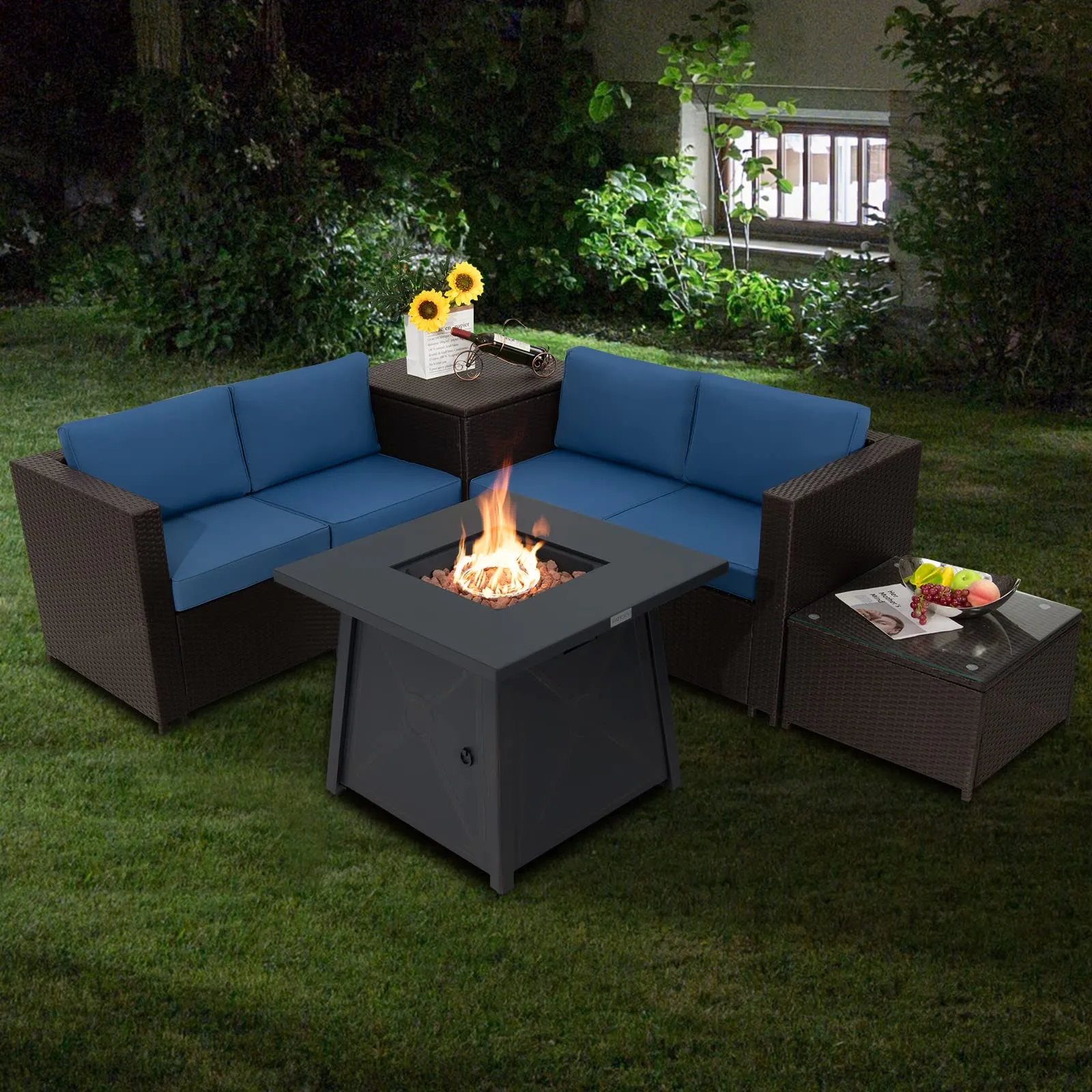 Tangkula 5 Piece Patio Furniture Set with 50,000 BTU Propane Fire Pit Table, Outdoor Wicker Conversation Set