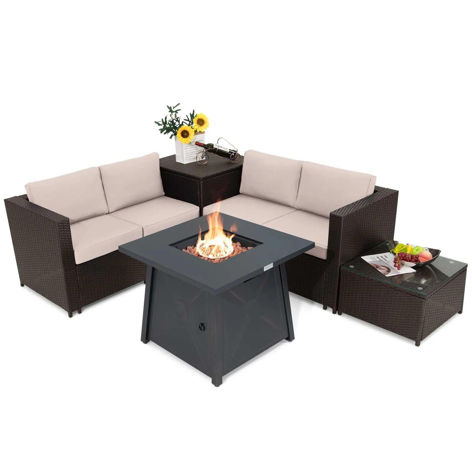 Tangkula 5 Piece Patio Furniture Set with 50,000 BTU Propane Fire Pit Table, Outdoor Wicker Conversation Set