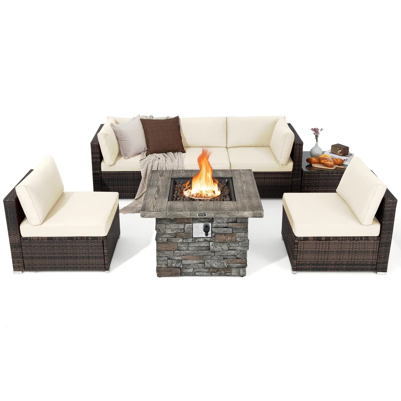 Tangkula 7 Pieces Patio Furniture Set with 50,000 BTU Fire Pit Table, Outdoor PE Wicker Conversation Sofa Set with Cushions