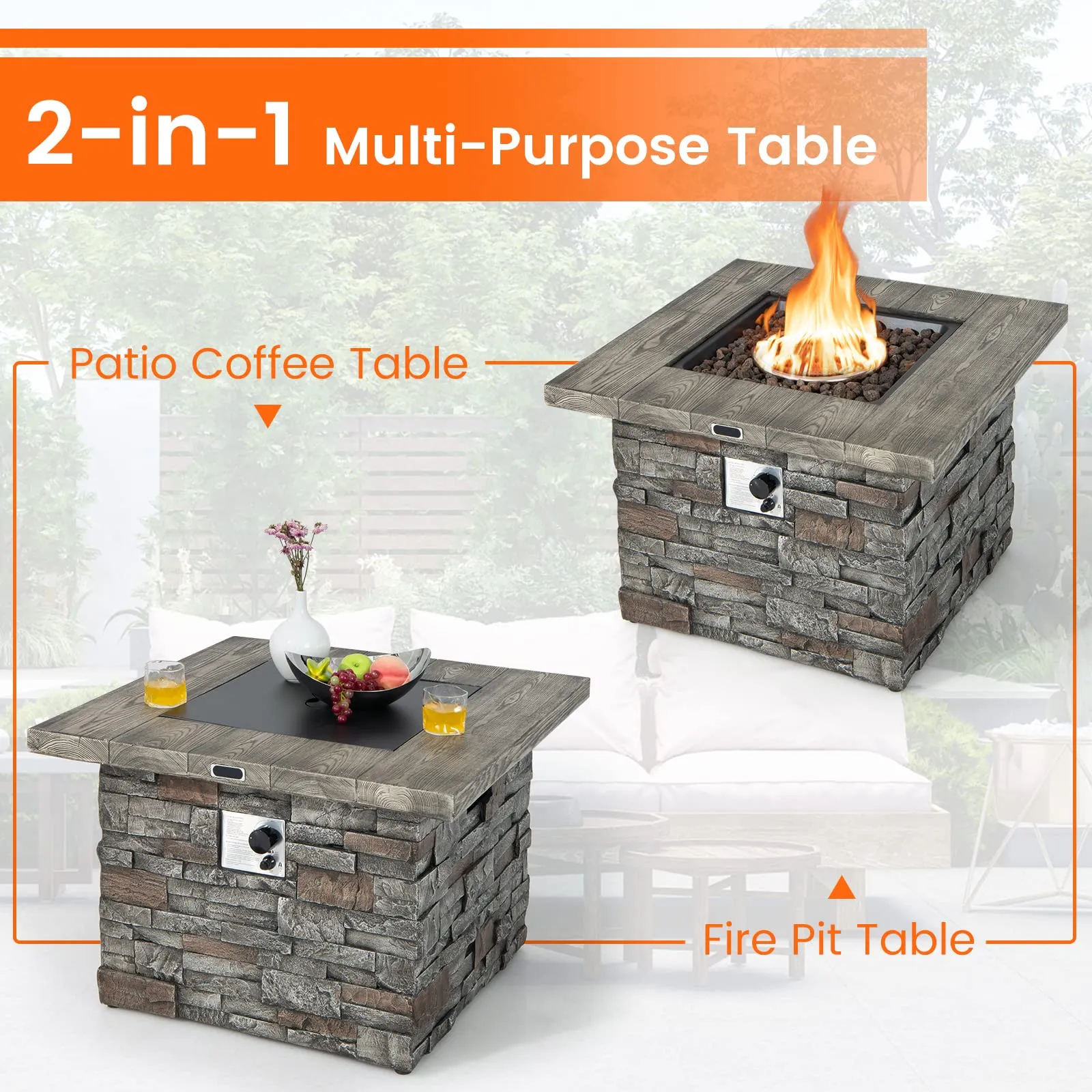 Tangkula 7 Pieces Patio Furniture Set with 50,000 BTU Fire Pit Table, Outdoor PE Wicker Conversation Sofa Set with Cushions