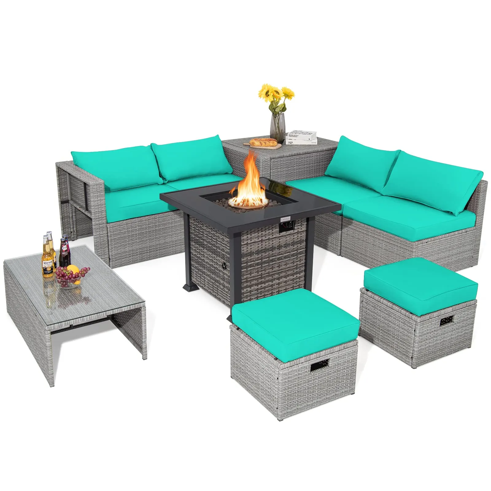 Tangkula 9 Pieces Outdoor Patio Furniture Set with 32-Inch Propane Fire Pit Table