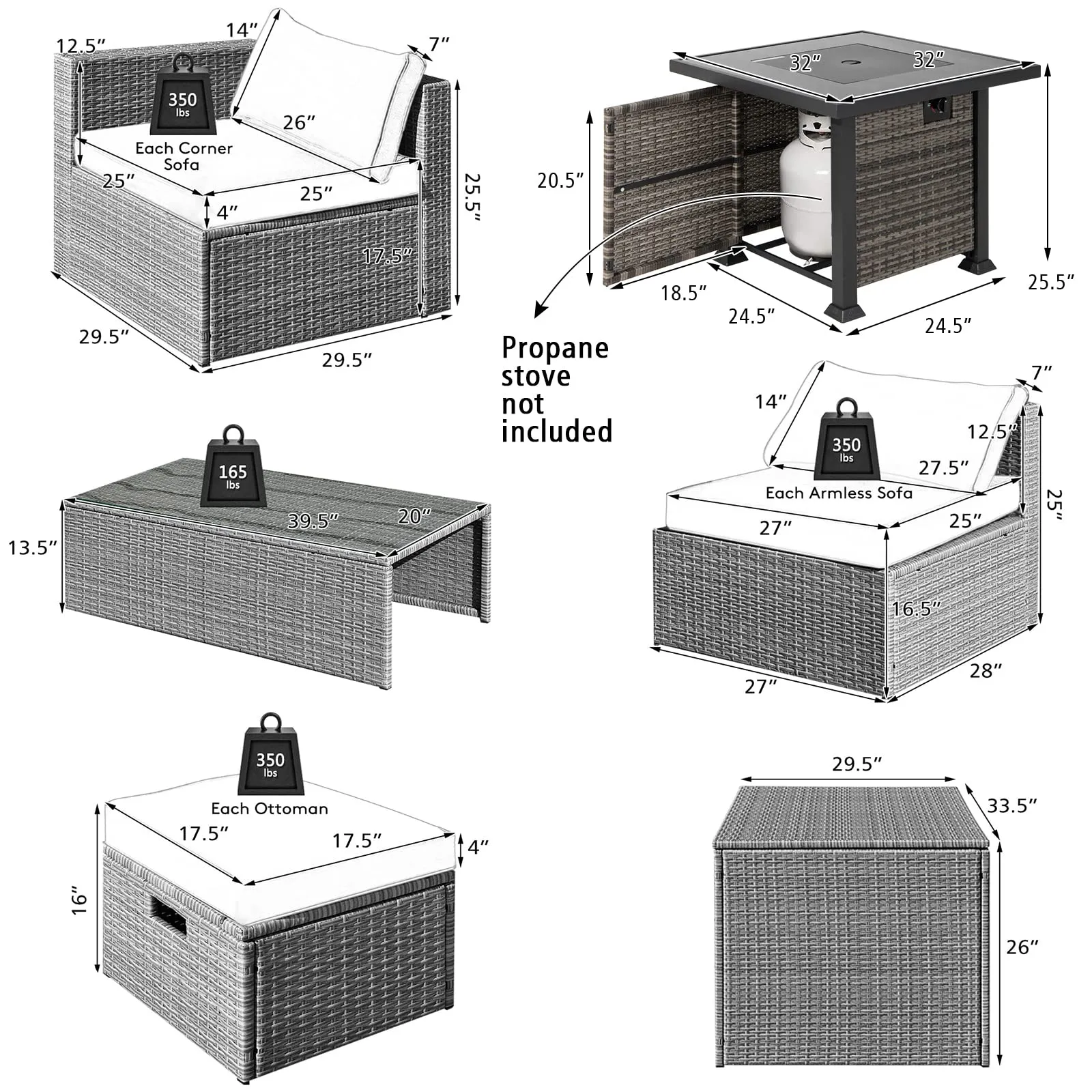 Tangkula 9 Pieces Outdoor Patio Furniture Set with 32-Inch Propane Fire Pit Table