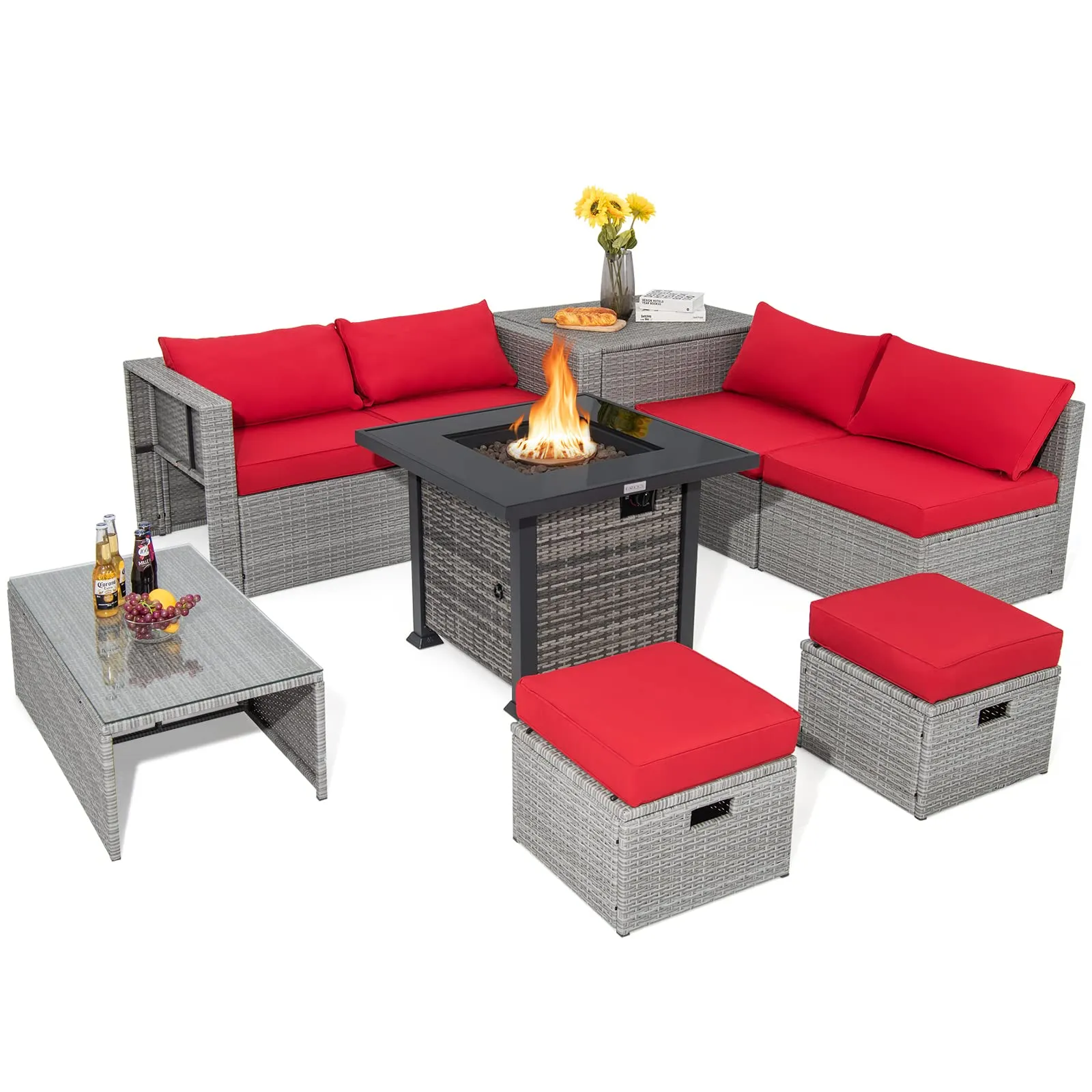 Tangkula 9 Pieces Outdoor Patio Furniture Set with 32-Inch Propane Fire Pit Table