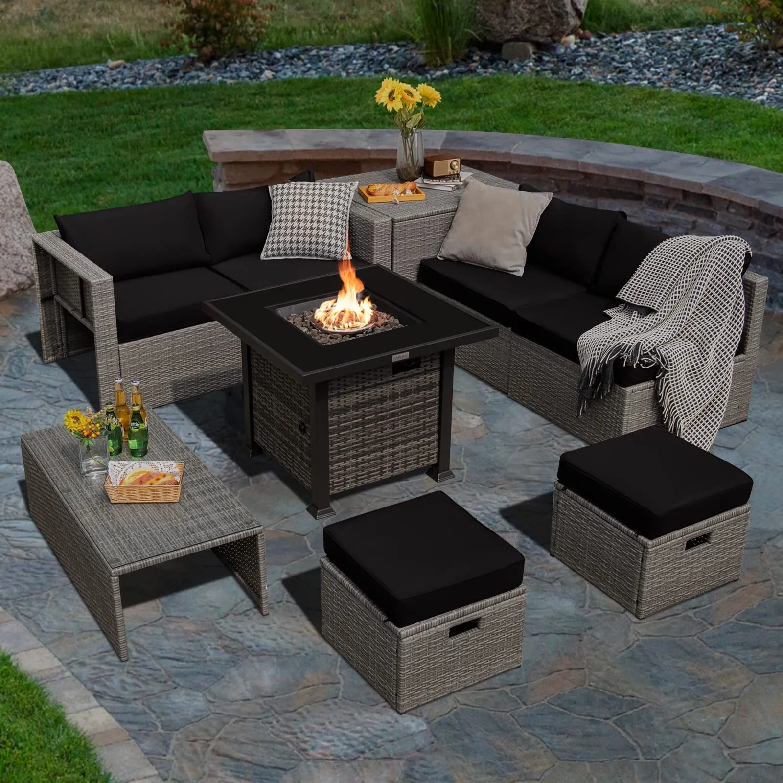 Tangkula 9 Pieces Outdoor Patio Furniture Set with 32-Inch Propane Fire Pit Table