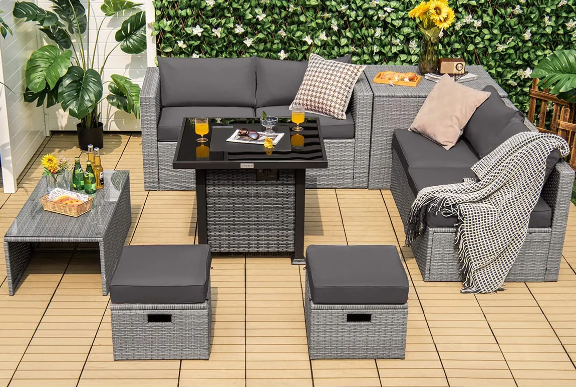 Tangkula 9 Pieces Outdoor Patio Furniture Set with 32-Inch Propane Fire Pit Table