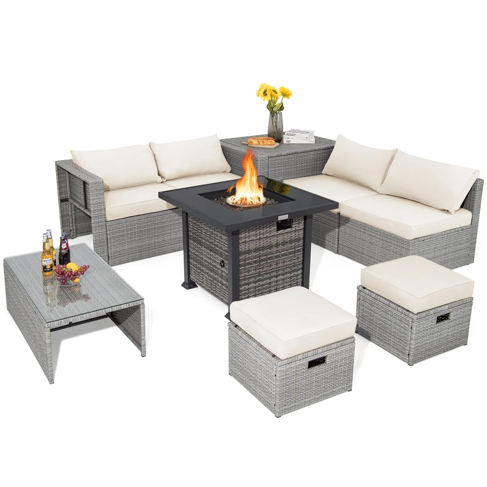 Tangkula 9 Pieces Outdoor Patio Furniture Set with 32-Inch Propane Fire Pit Table