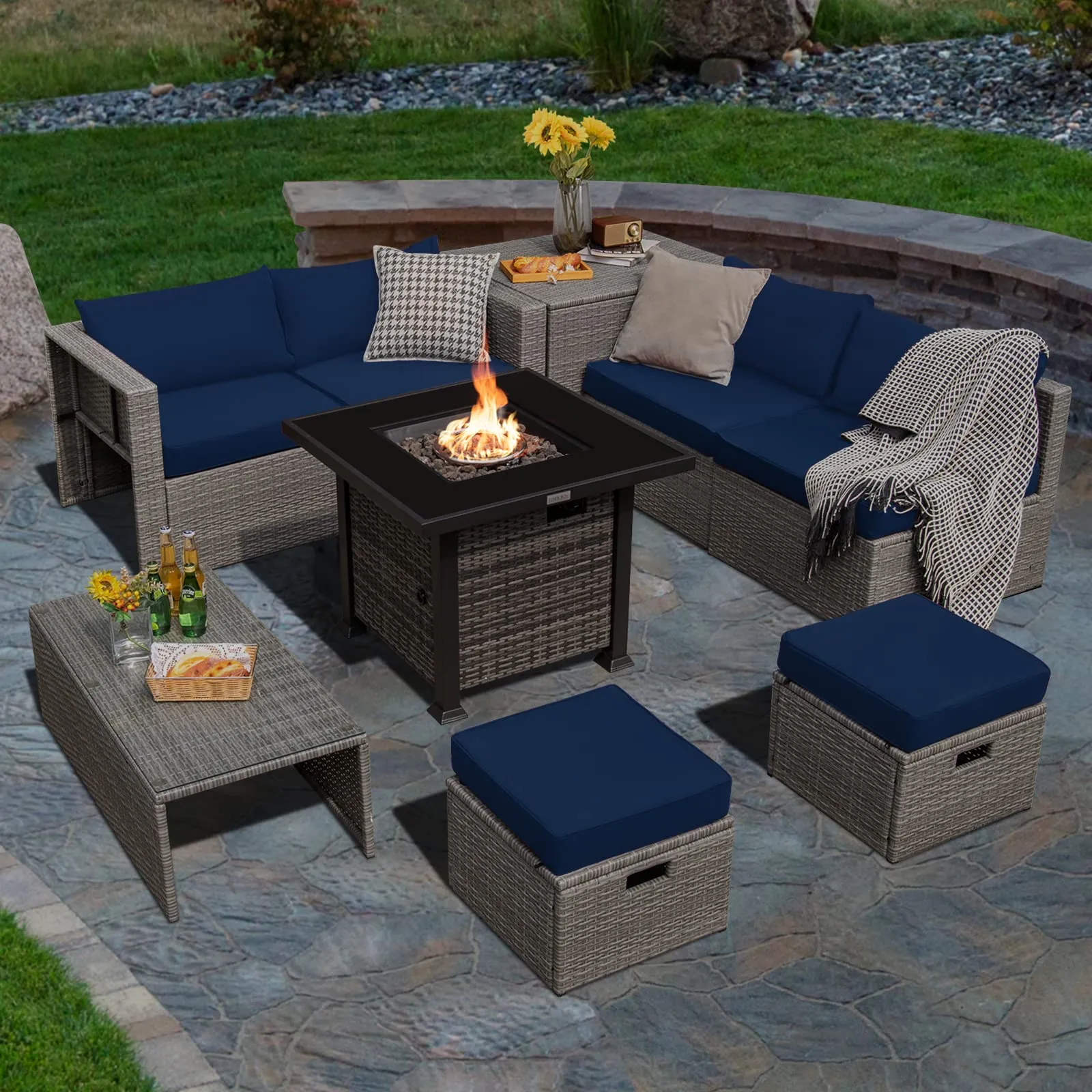 Tangkula 9 Pieces Outdoor Patio Furniture Set with 32-Inch Propane Fire Pit Table