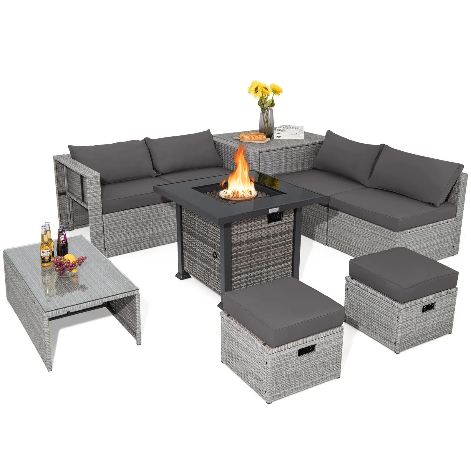 Tangkula 9 Pieces Outdoor Patio Furniture Set with 32-Inch Propane Fire Pit Table