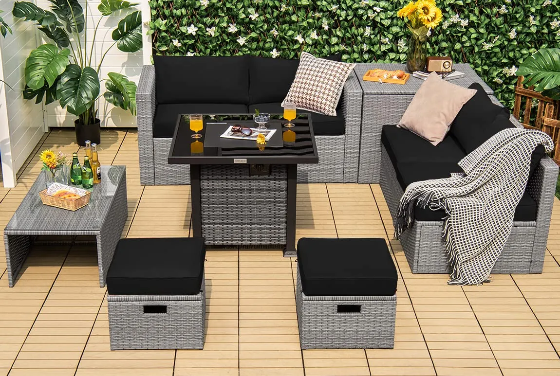 Tangkula 9 Pieces Outdoor Patio Furniture Set with 32-Inch Propane Fire Pit Table