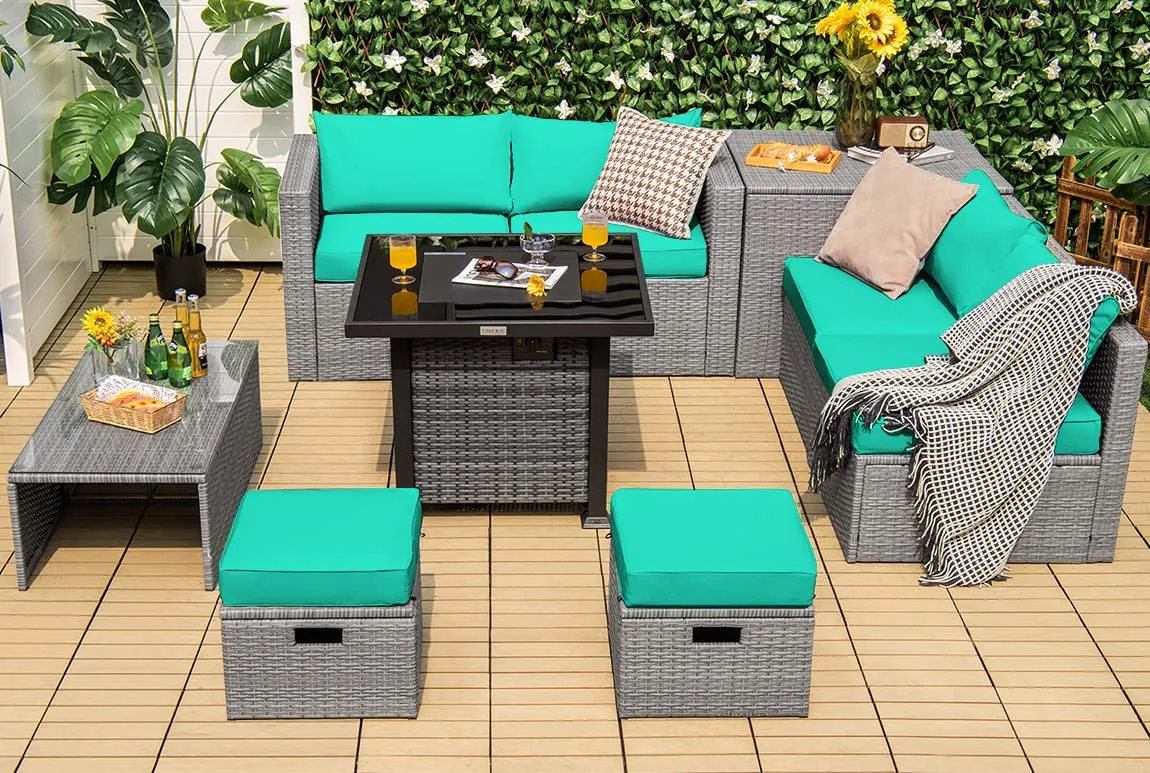 Tangkula 9 Pieces Outdoor Patio Furniture Set with 32-Inch Propane Fire Pit Table