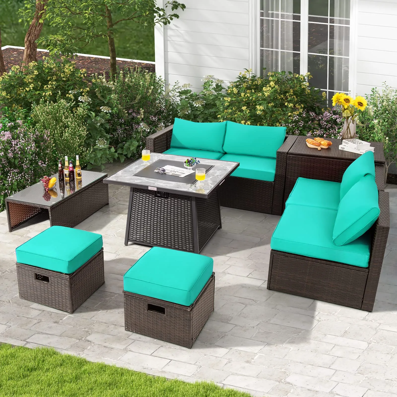 Tangkula 9 Pieces Outdoor Patio Furniture Set with 35-Inch Propane Fire Pit Table