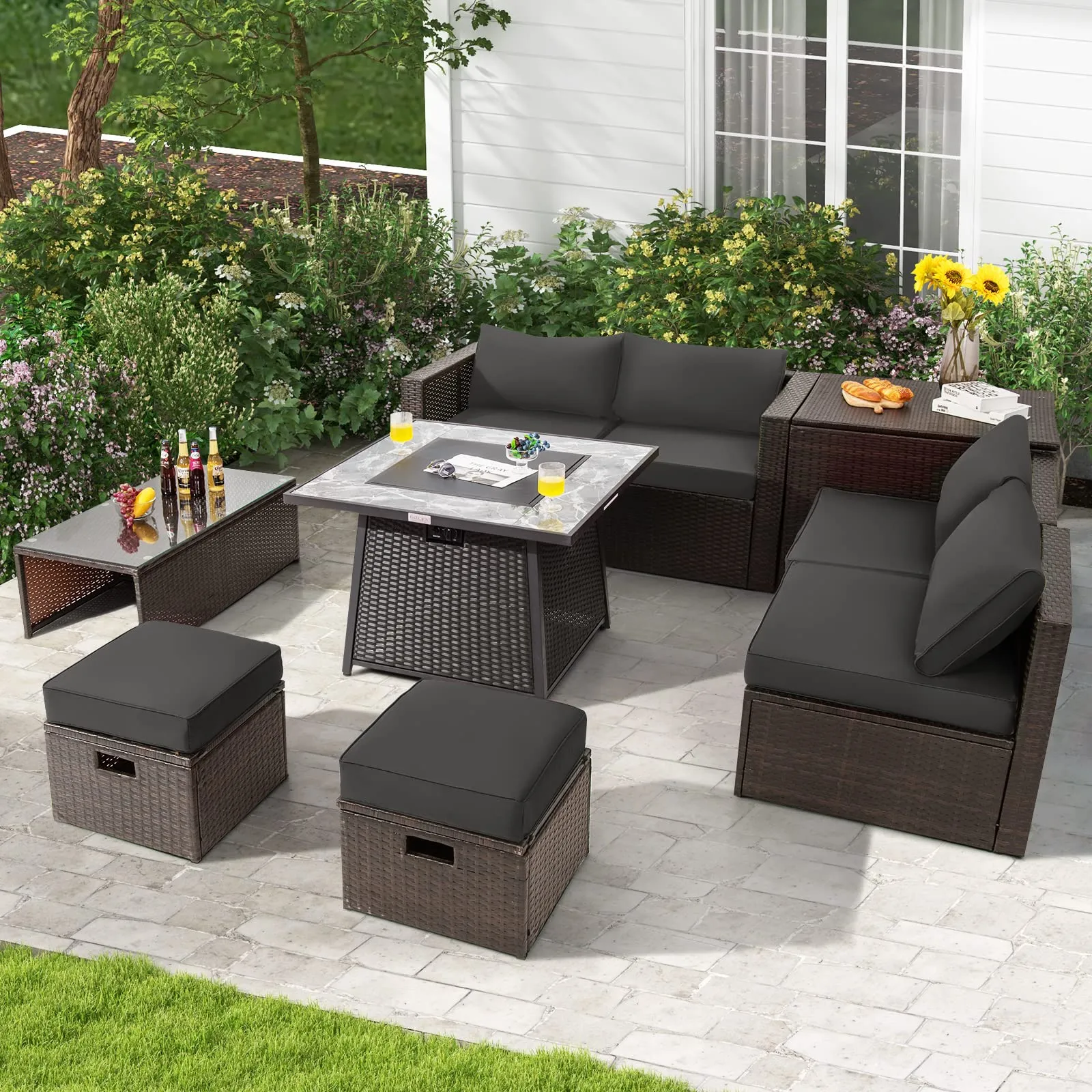 Tangkula 9 Pieces Outdoor Patio Furniture Set with 35-Inch Propane Fire Pit Table