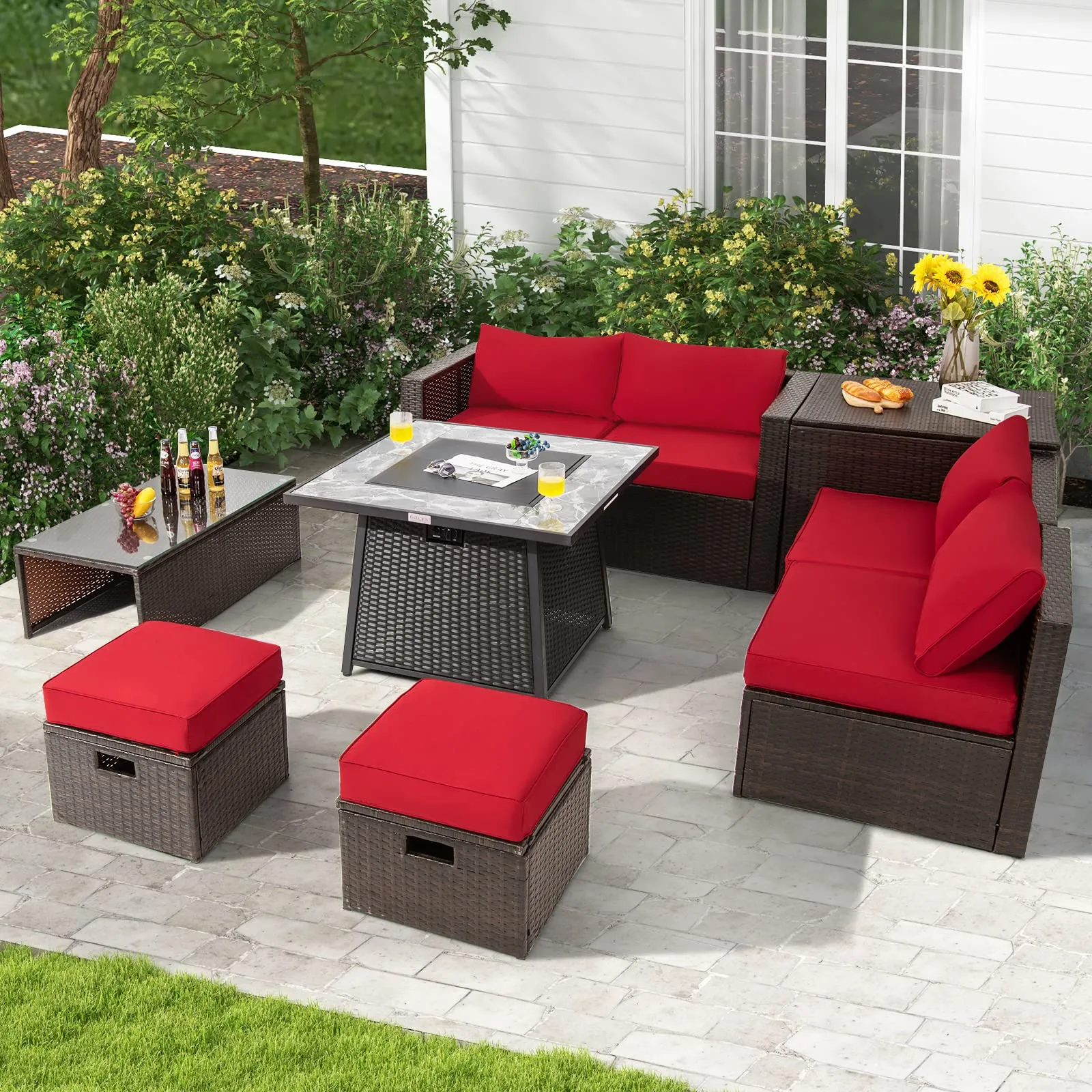 Tangkula 9 Pieces Outdoor Patio Furniture Set with 35-Inch Propane Fire Pit Table