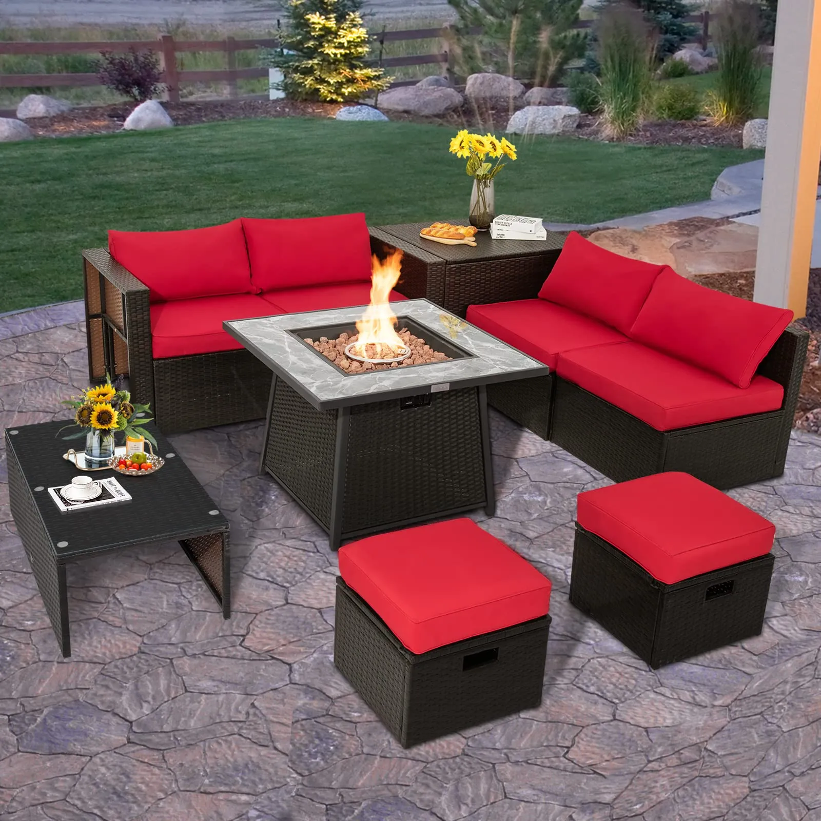 Tangkula 9 Pieces Outdoor Patio Furniture Set with 35-Inch Propane Fire Pit Table