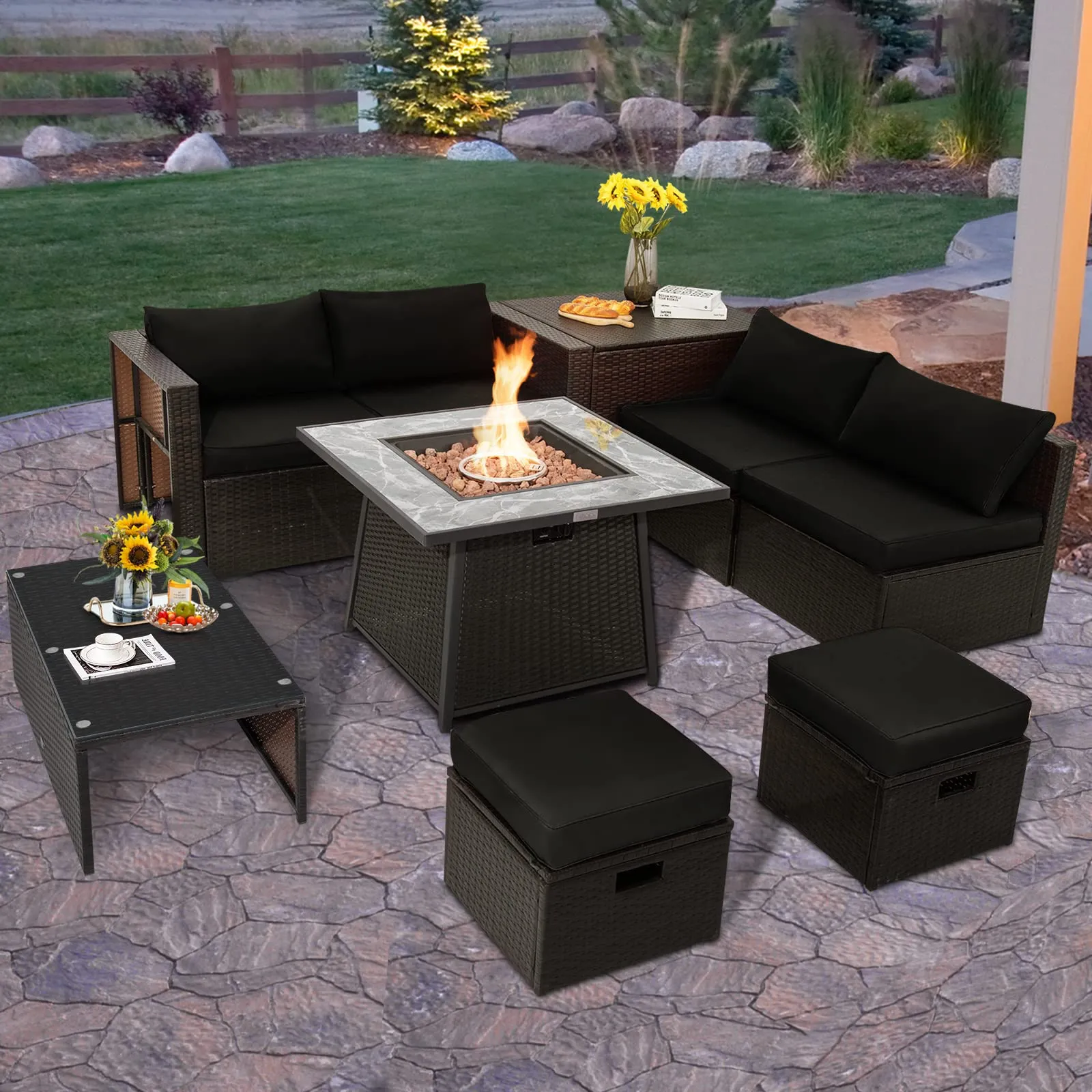 Tangkula 9 Pieces Outdoor Patio Furniture Set with 35-Inch Propane Fire Pit Table