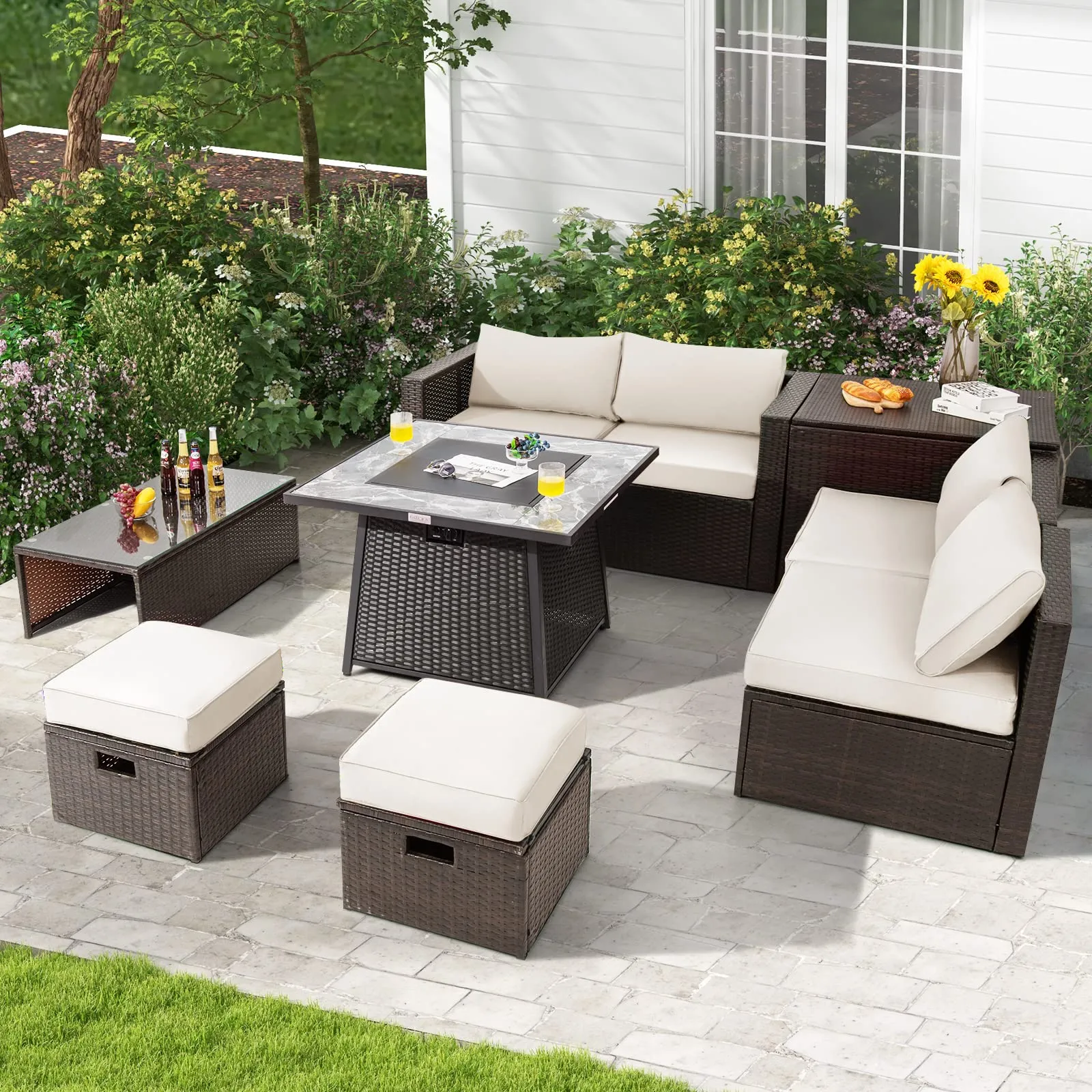 Tangkula 9 Pieces Outdoor Patio Furniture Set with 35-Inch Propane Fire Pit Table