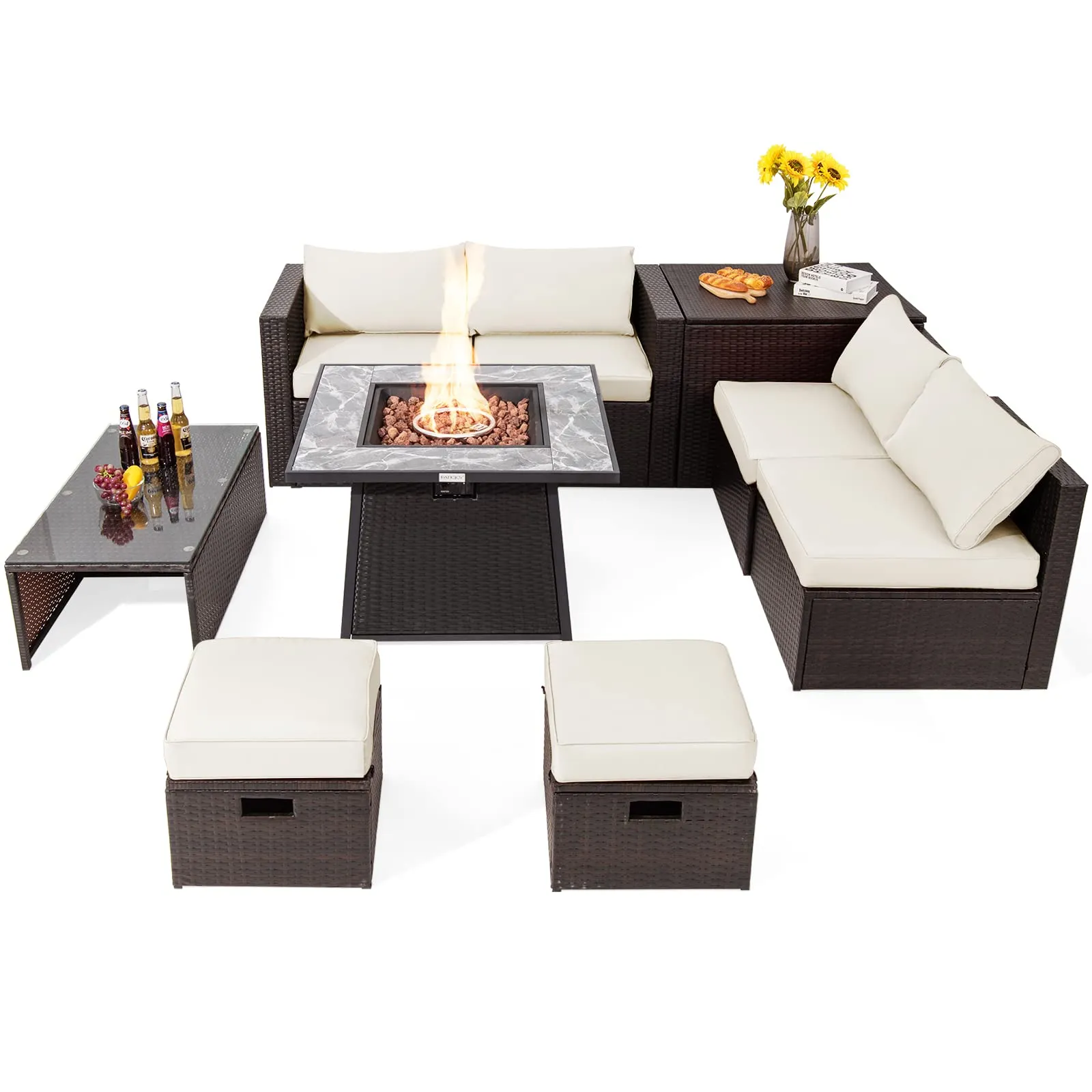 Tangkula 9 Pieces Outdoor Patio Furniture Set with 35-Inch Propane Fire Pit Table