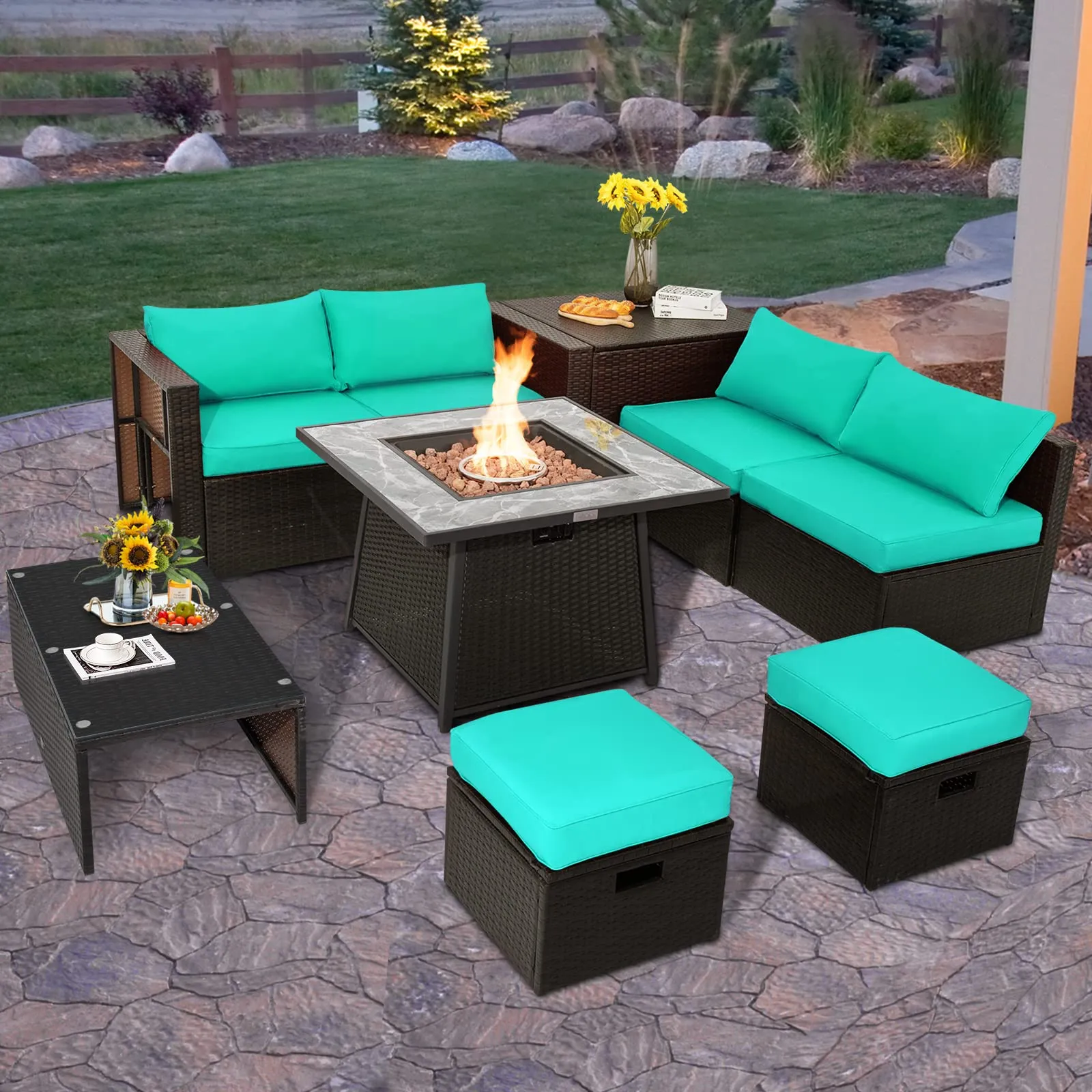 Tangkula 9 Pieces Outdoor Patio Furniture Set with 35-Inch Propane Fire Pit Table