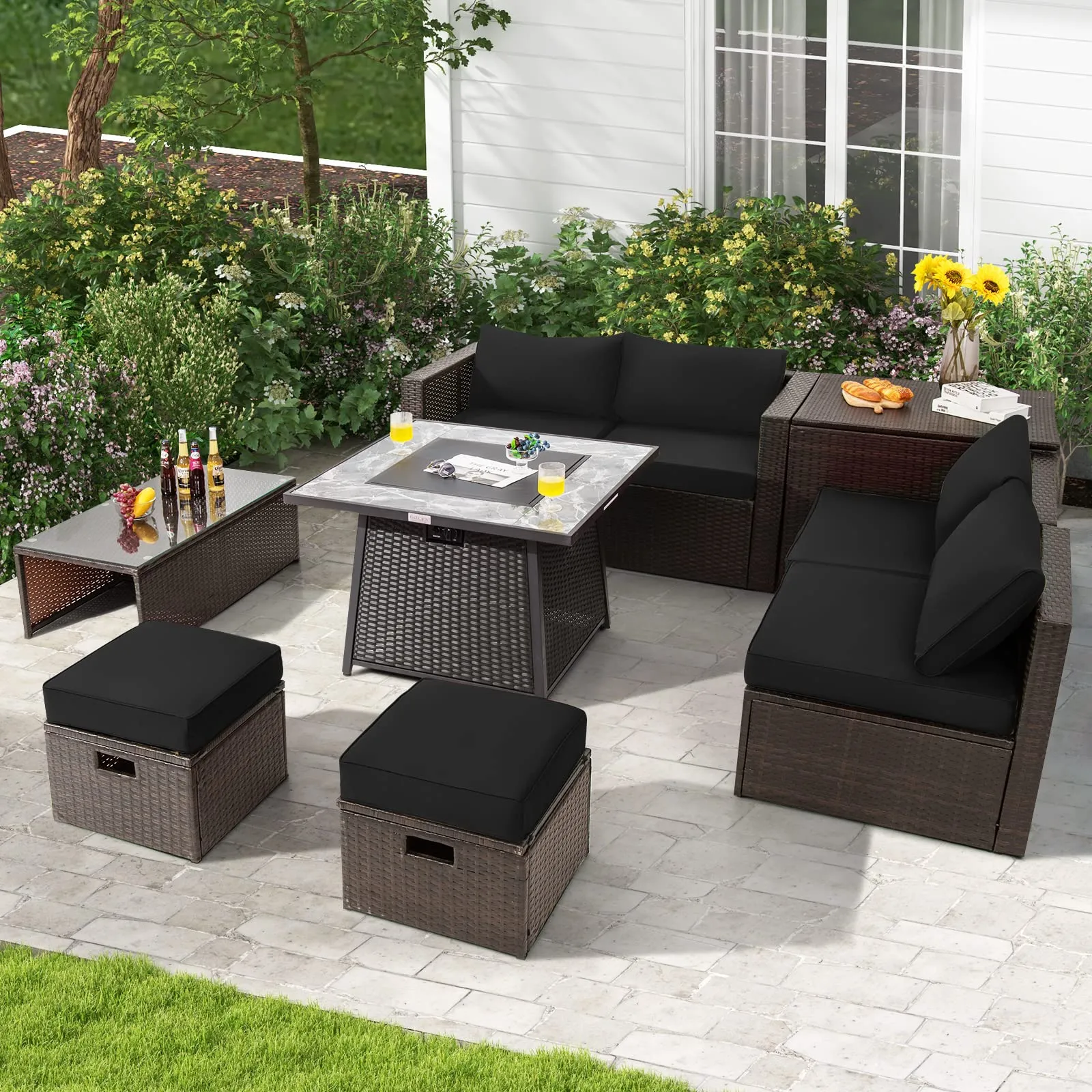 Tangkula 9 Pieces Outdoor Patio Furniture Set with 35-Inch Propane Fire Pit Table