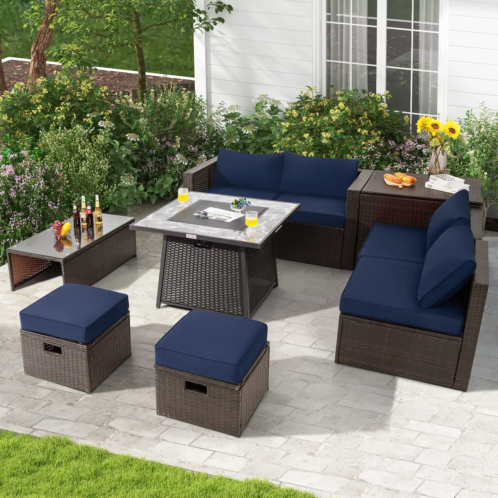 Tangkula 9 Pieces Outdoor Patio Furniture Set with 35-Inch Propane Fire Pit Table