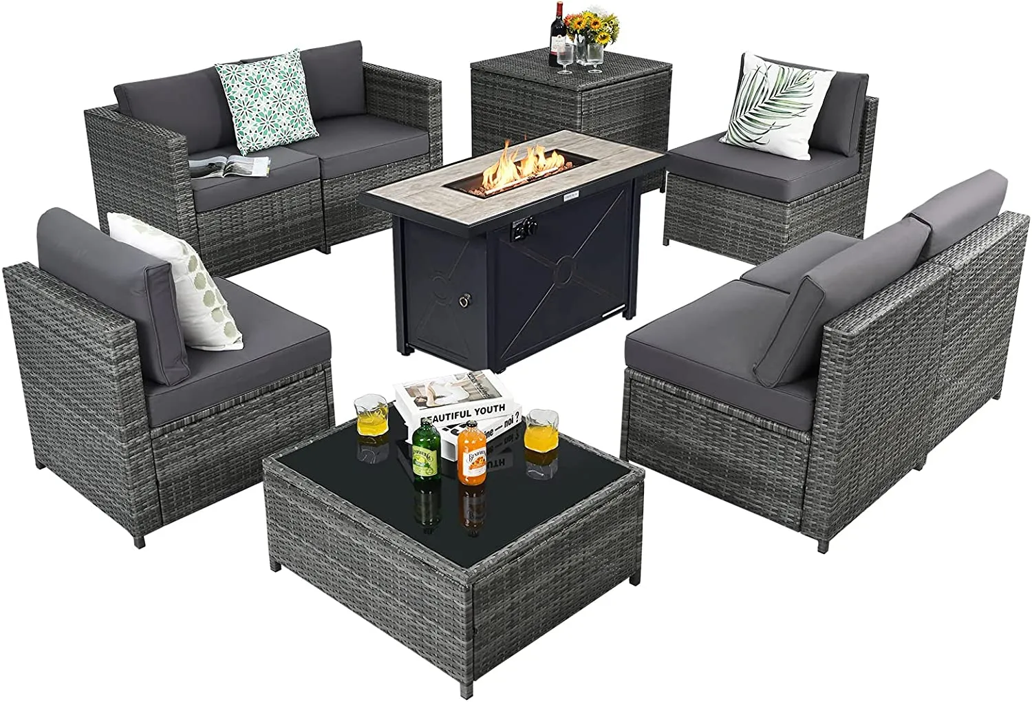 Tangkula 9 Pieces Patio Rattan Furniture Set, Patiojoy Sectional Sofa Set with Fire Pit Table,Waterproof Covers Includes