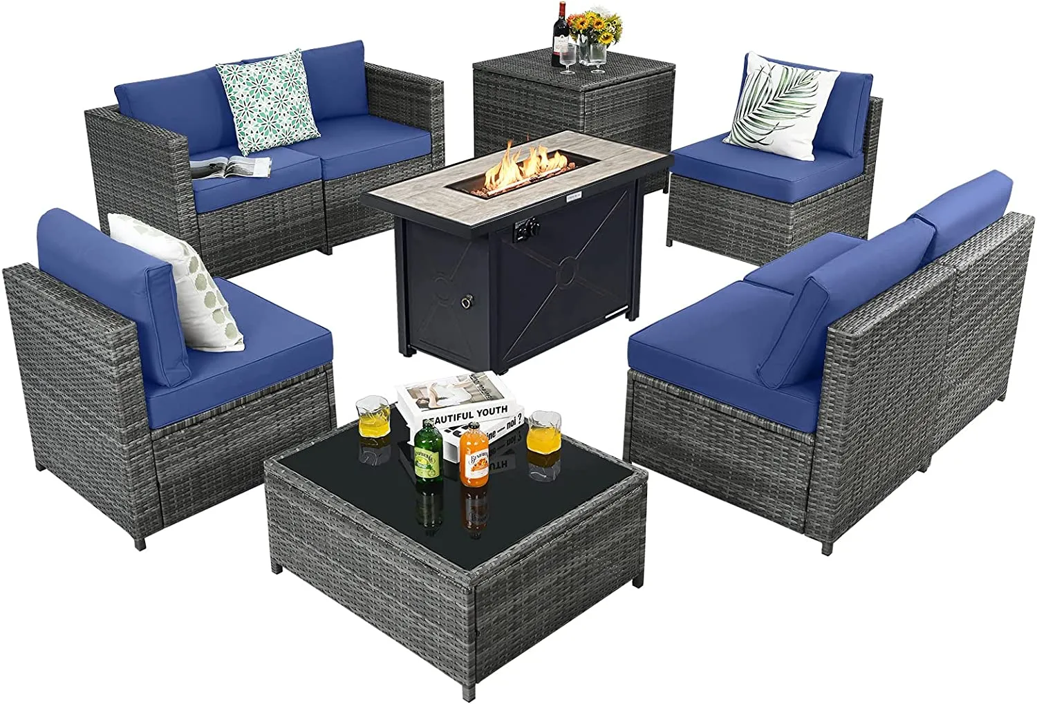 Tangkula 9 Pieces Patio Rattan Furniture Set, Patiojoy Sectional Sofa Set with Fire Pit Table,Waterproof Covers Includes